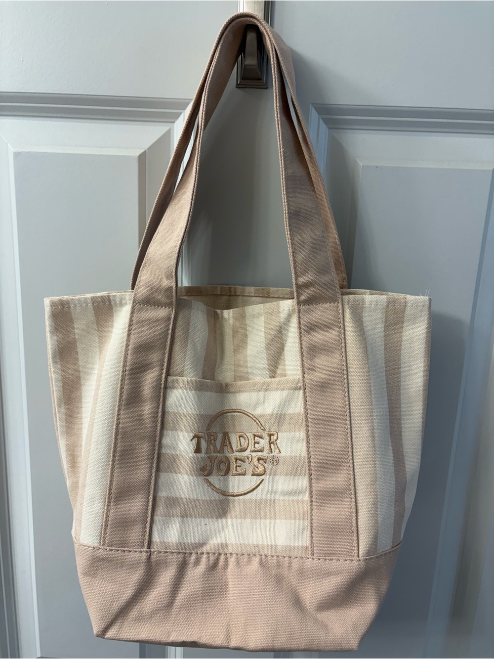 New! Trader Joe’s canvas Beige & Cream Striped small Tote Bag